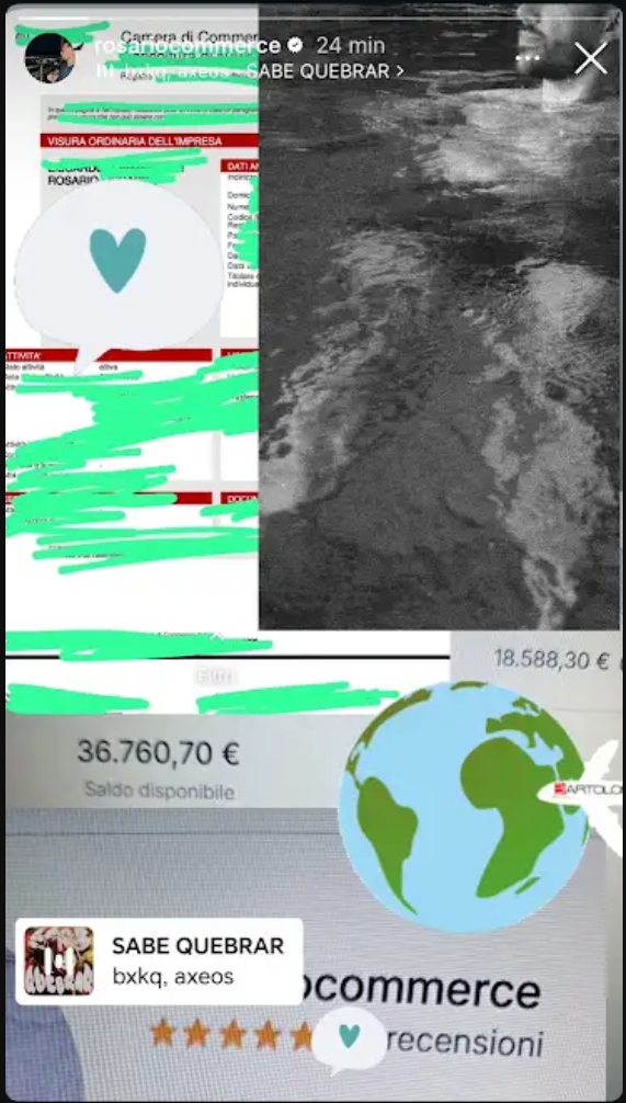 Collage pubblicato nelle storie Instagram con una visura oscurata e schermate dei saldi di 36.760,70 e 18.588,30 euro