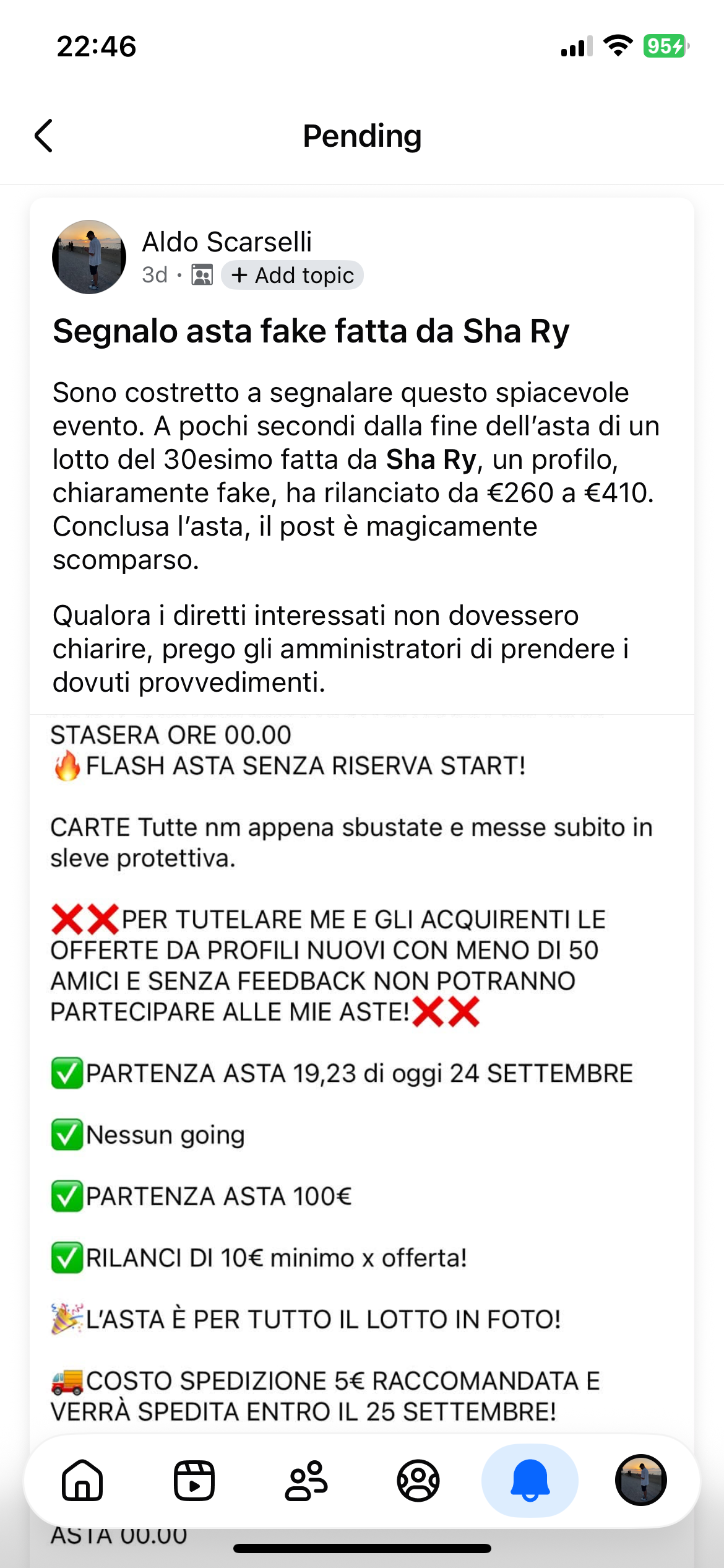 Screenshot di una segnalazione di Aldo Scarselli relativa a un’asta di carte Pokémon pubblicata da Sha Ry