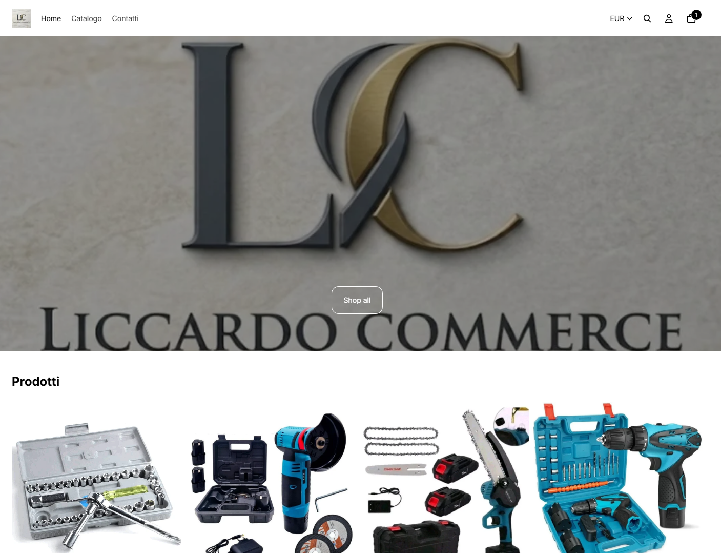 Homepage di Liccardo Commerce con il logo LC e una selezione di utensili elettrici e prodotti per il fai-da-te
