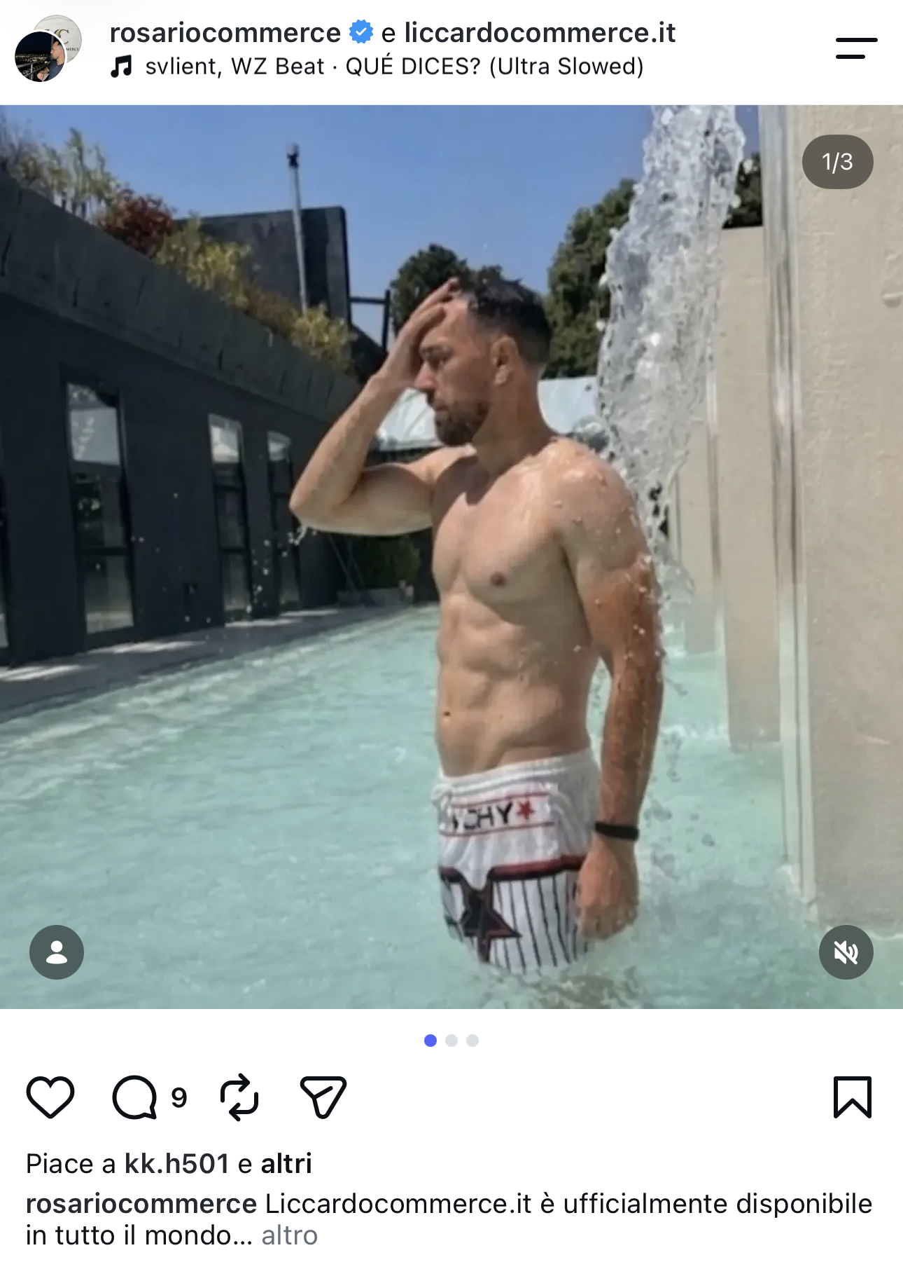 Schermata del post Instagram di rosariocommerce con una figura maschile in piscina accanto a una cascata artificiale