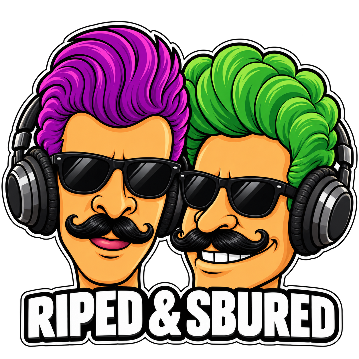 RIPED & SBURED: due teste illustrate con capelli viola e verdi, occhiali da sole e cuffie